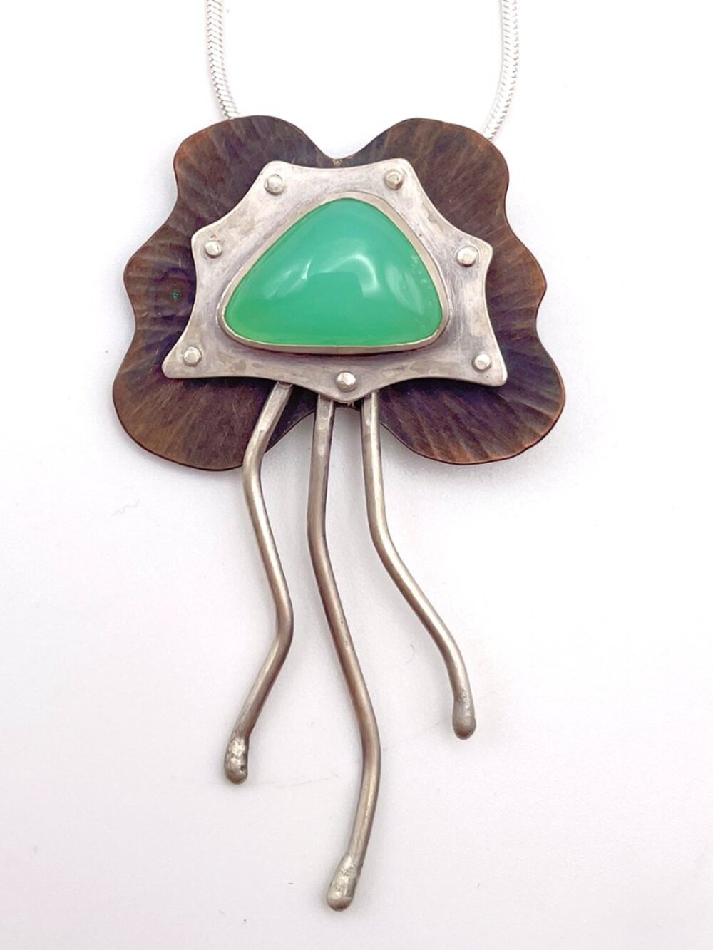 Copper, 925 Sterling Silver, and Chrysoprase Jellyfish Pendant, Artisan Made
